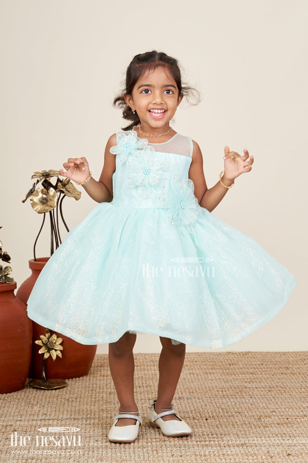 The Nesavu Girls Fancy Party Frock Girls Lace Party Dress Elegant Outfit For Celebrations Nesavu Nesavu Mint Green Lace Girls Party Frock Glitter Tulle Floral Appliqu Detailing