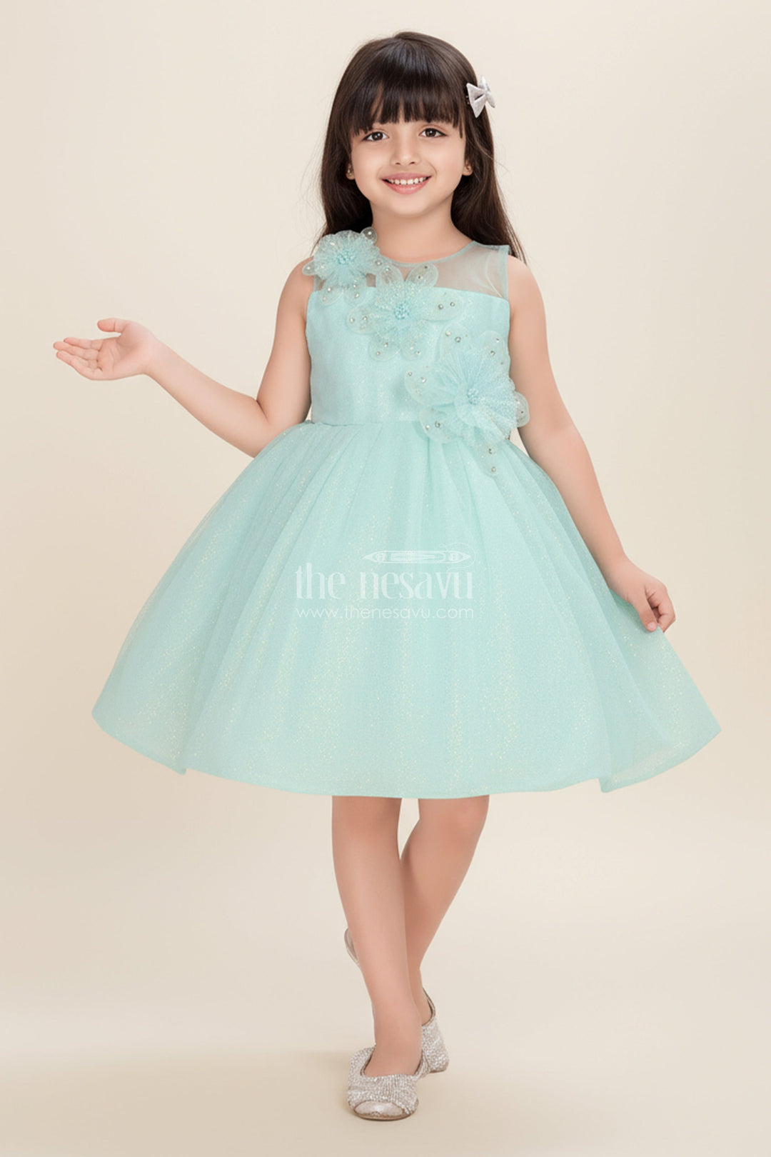 The Nesavu Girls Fancy Party Frock Girls Lace Party Dress Elegant Outfit for Celebrations Nesavu Nesavu Mint Green Lace Girls Party Frock Glitter Tulle Floral Appliqu Detailing