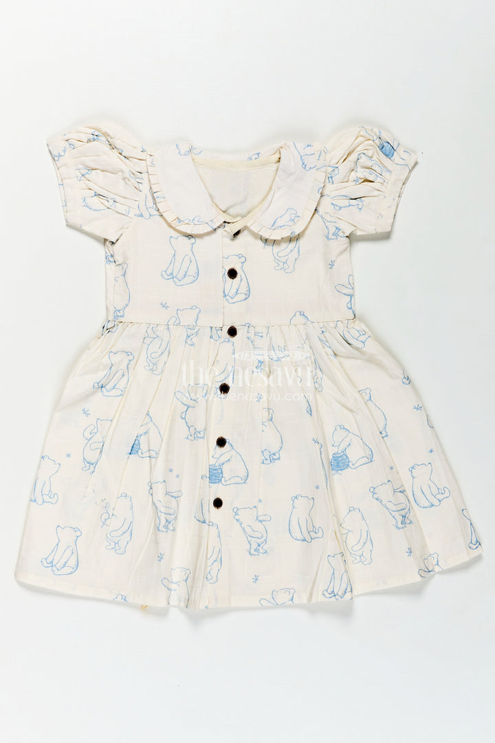 The Nesavu Girls Cotton Frock Girls Latest Cotton Dress in White with Allover Digital Animal Print and Classic Peter Pan Collar Nesavu 18 (2Y) / Cream GFC1706A-18 Girls Latest Cotton Dress Animal Print Peter Pan Collar Soft White Cotton Fabric | The Nesavu