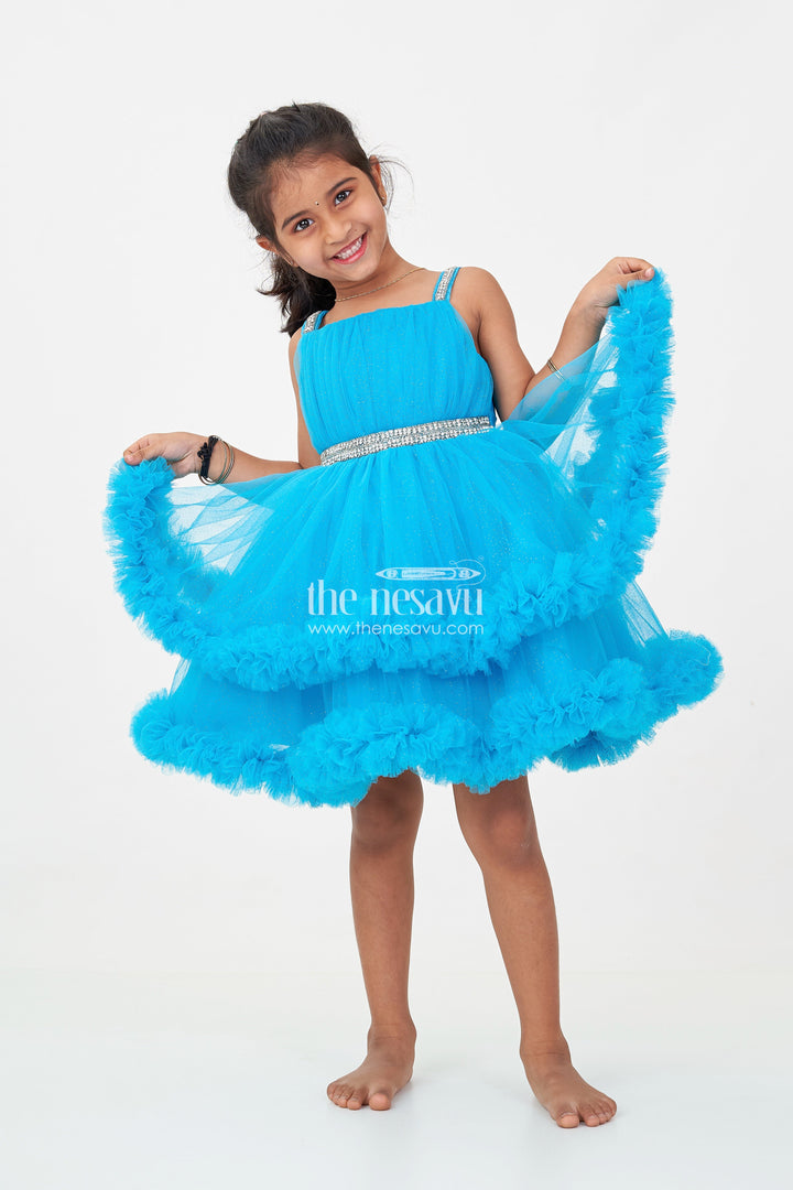 The Nesavu Girls Fancy Party Frock Girls Latest Frock Design in Blue Soft Net with Stone Embellished Belt and Ruffled Skirt Nesavu 16 (1Y) / Blue PF216B-16 Girls Latest Frock Design Blue Soft Net Stone Belt Ruffle Layers | The Nesavu