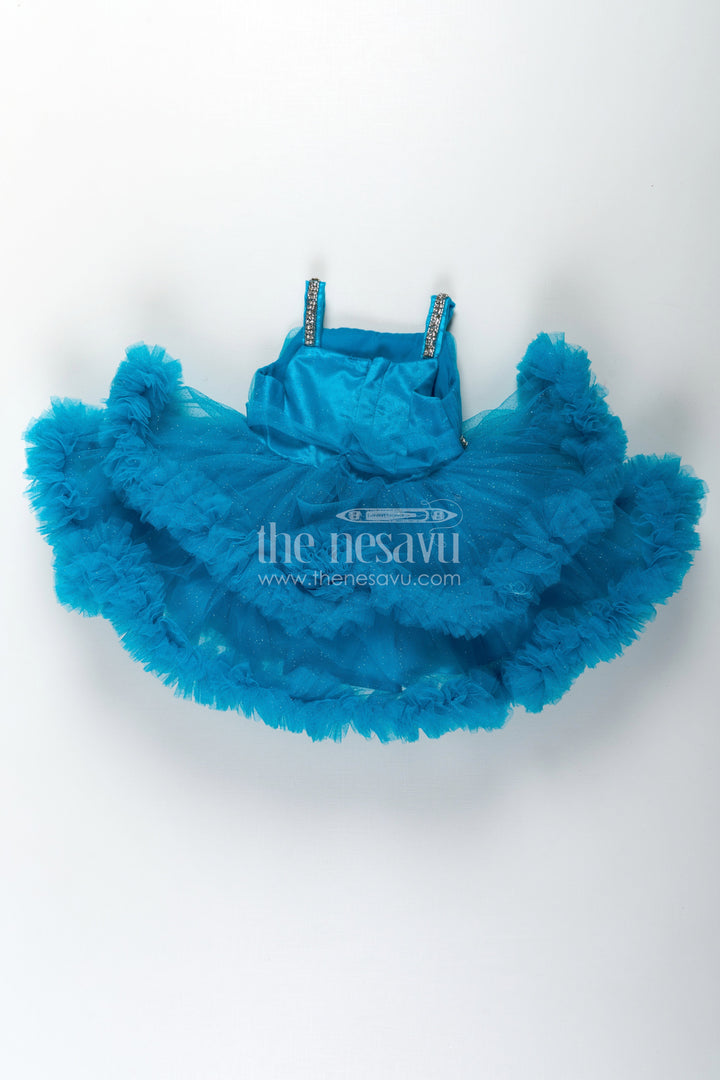 The Nesavu Girls Fancy Party Frock Girls Latest Frock Design in Blue Soft Net with Stone Embellished Belt and Ruffled Skirt Nesavu Girls Latest Frock Design Blue Soft Net Stone Belt Ruffle Layers | The Nesavu