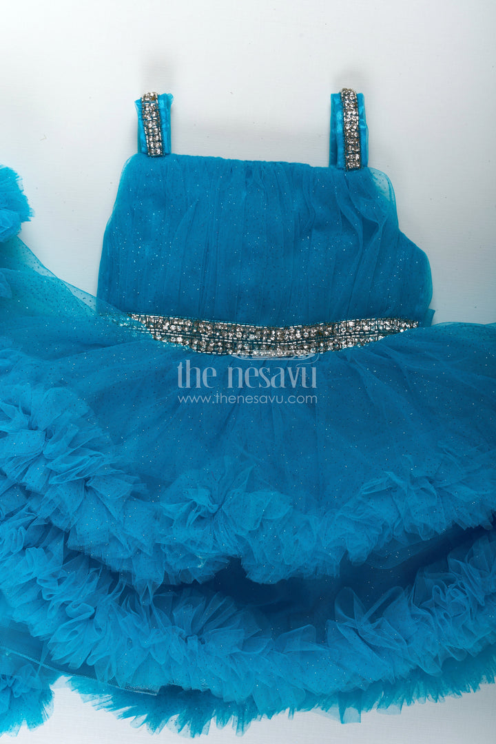 The Nesavu Girls Fancy Party Frock Girls Latest Frock Design in Blue Soft Net with Stone Embellished Belt and Ruffled Skirt Nesavu Girls Latest Frock Design Blue Soft Net Stone Belt Ruffle Layers | The Nesavu