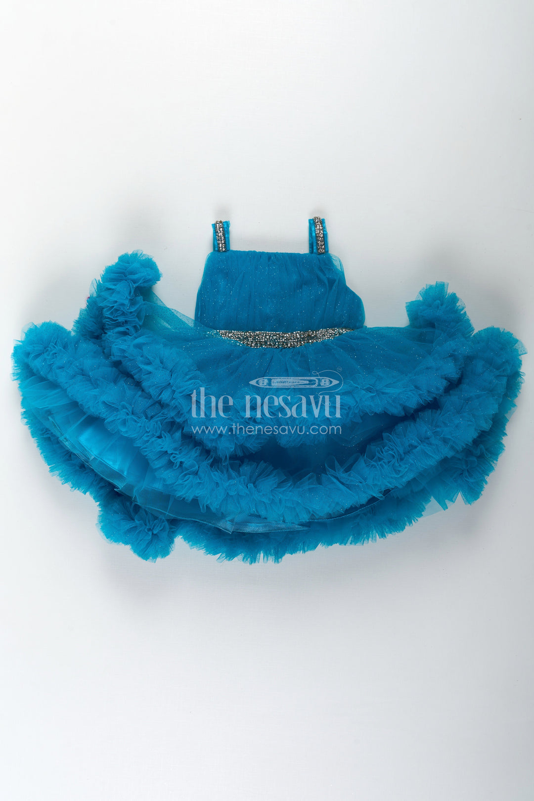 The Nesavu Girls Fancy Party Frock Girls Latest Frock Design in Blue Soft Net with Stone Embellished Belt and Ruffled Skirt Nesavu Girls Latest Frock Design Blue Soft Net Stone Belt Ruffle Layers | The Nesavu