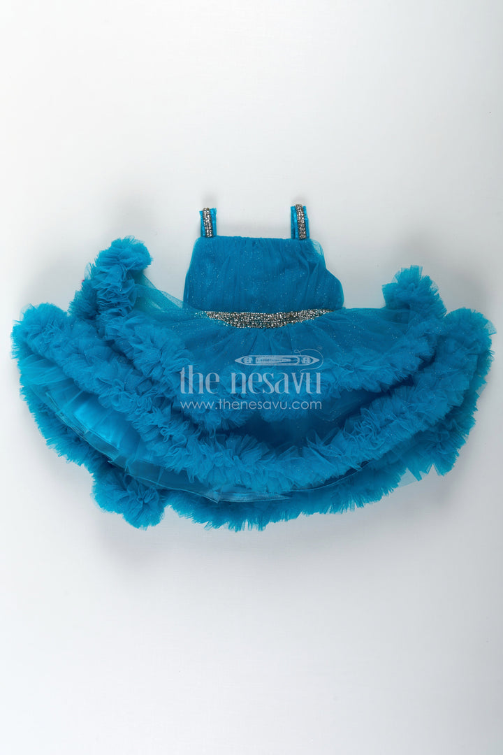 The Nesavu Girls Fancy Party Frock Girls Latest Frock Design in Blue Soft Net with Stone Embellished Belt and Ruffled Skirt Nesavu Girls Latest Frock Design Blue Soft Net Stone Belt Ruffle Layers | The Nesavu