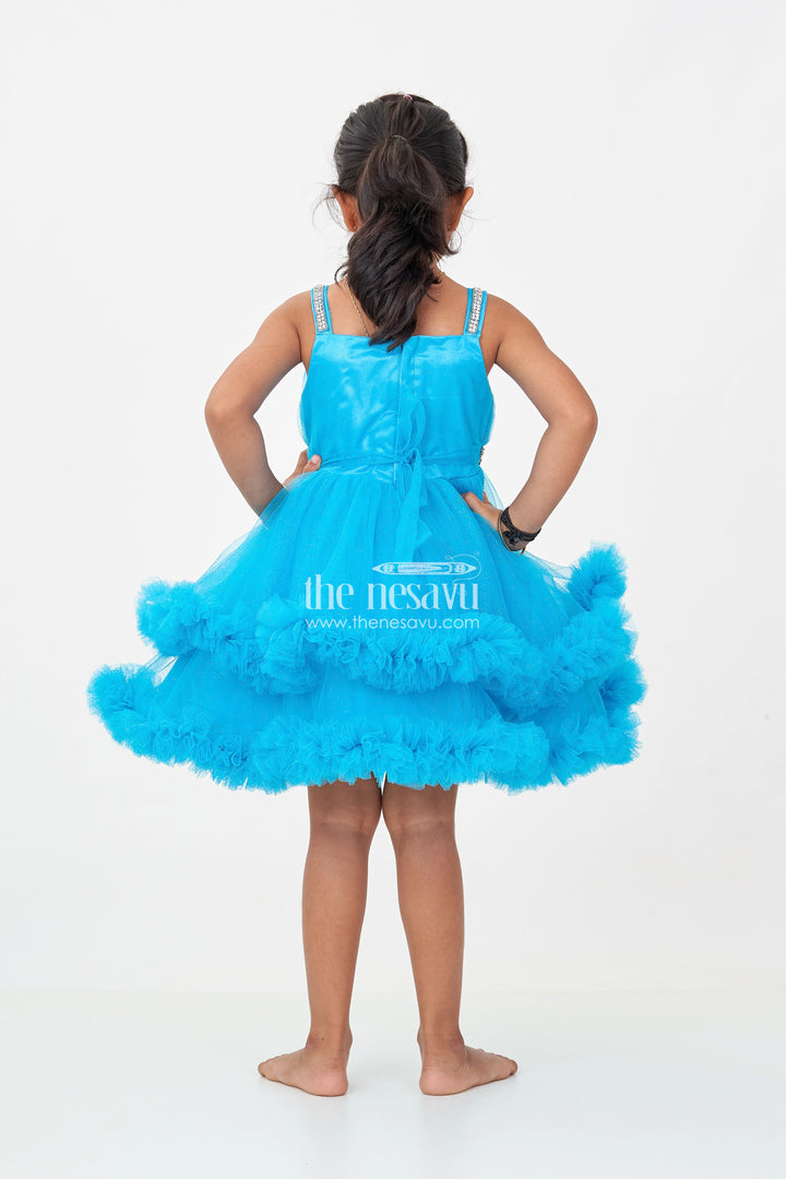 The Nesavu Girls Fancy Party Frock Girls Latest Frock Design in Blue Soft Net with Stone Embellished Belt and Ruffled Skirt Nesavu Girls Latest Frock Design Blue Soft Net Stone Belt Ruffle Layers | The Nesavu