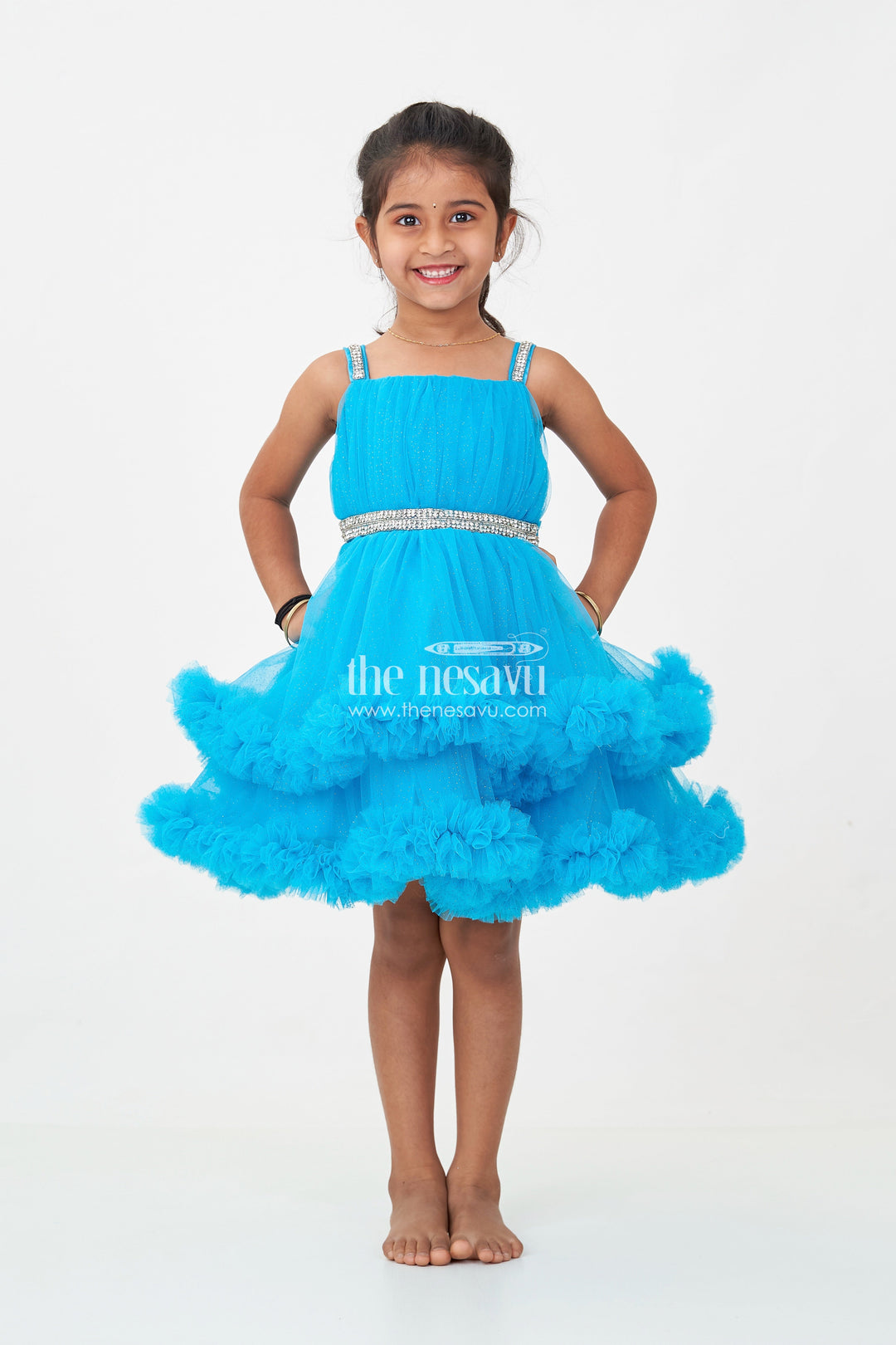The Nesavu Girls Fancy Party Frock Girls Latest Frock Design in Blue Soft Net with Stone Embellished Belt and Ruffled Skirt Nesavu Girls Latest Frock Design Blue Soft Net Stone Belt Ruffle Layers | The Nesavu