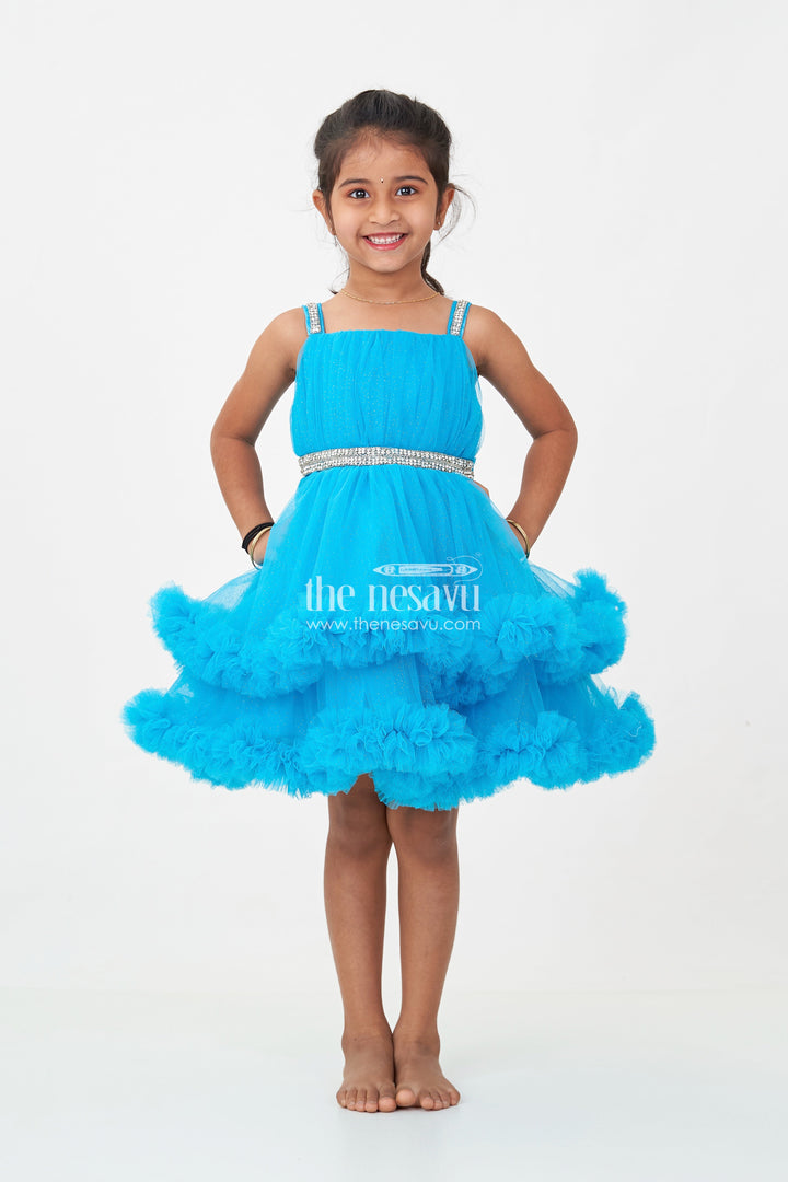 The Nesavu Girls Fancy Party Frock Girls Latest Frock Design in Blue Soft Net with Stone Embellished Belt and Ruffled Skirt Nesavu Girls Latest Frock Design Blue Soft Net Stone Belt Ruffle Layers | The Nesavu