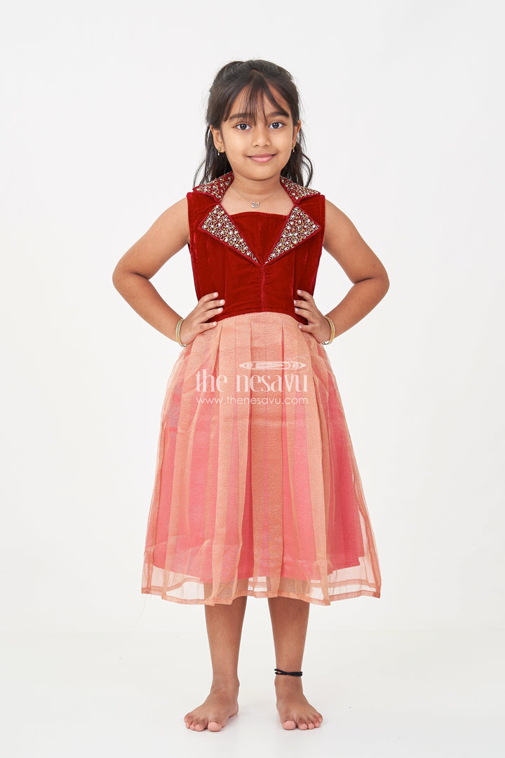 The Nesavu Silk Frock Girls Latest Frocks in Velvet with Kundan Collar and Tissue Flared Skirt for Stylish Party Wear Nesavu 16 (1Y) / Maroon SF987A-16 Girls Latest Frocks Velvet Kundan Work Collar Pleated Tissue Skirt | The Nesavu