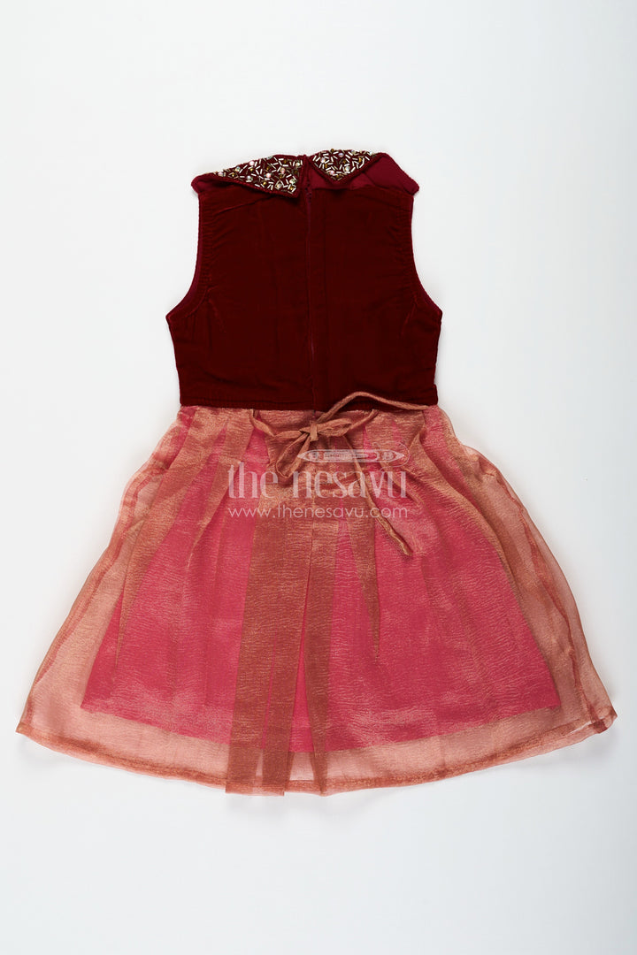 The Nesavu Silk Frock Girls Latest Frocks in Velvet with Kundan Collar and Tissue Flared Skirt for Stylish Party Wear Nesavu Girls Latest Frocks Velvet Kundan Work Collar Pleated Tissue Skirt | The Nesavu