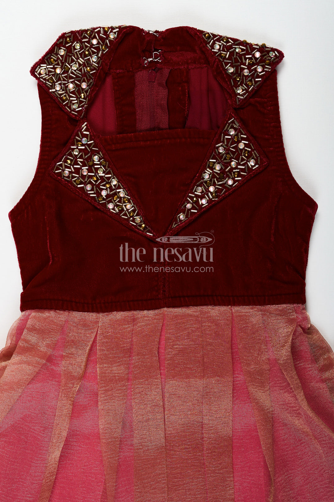 The Nesavu Silk Frock Girls Latest Frocks in Velvet with Kundan Collar and Tissue Flared Skirt for Stylish Party Wear Nesavu Girls Latest Frocks Velvet Kundan Work Collar Pleated Tissue Skirt | The Nesavu