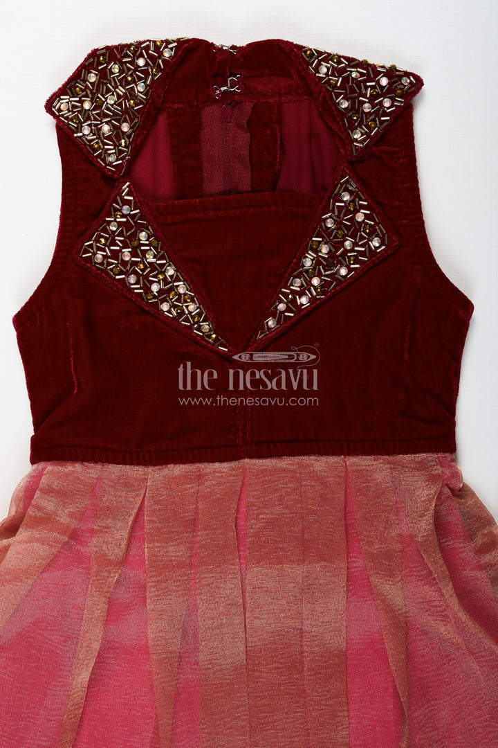 The Nesavu Silk Frock Girls Latest Frocks in Velvet with Kundan Collar and Tissue Flared Skirt for Stylish Party Wear Nesavu Girls Latest Frocks Velvet Kundan Work Collar Pleated Tissue Skirt | The Nesavu