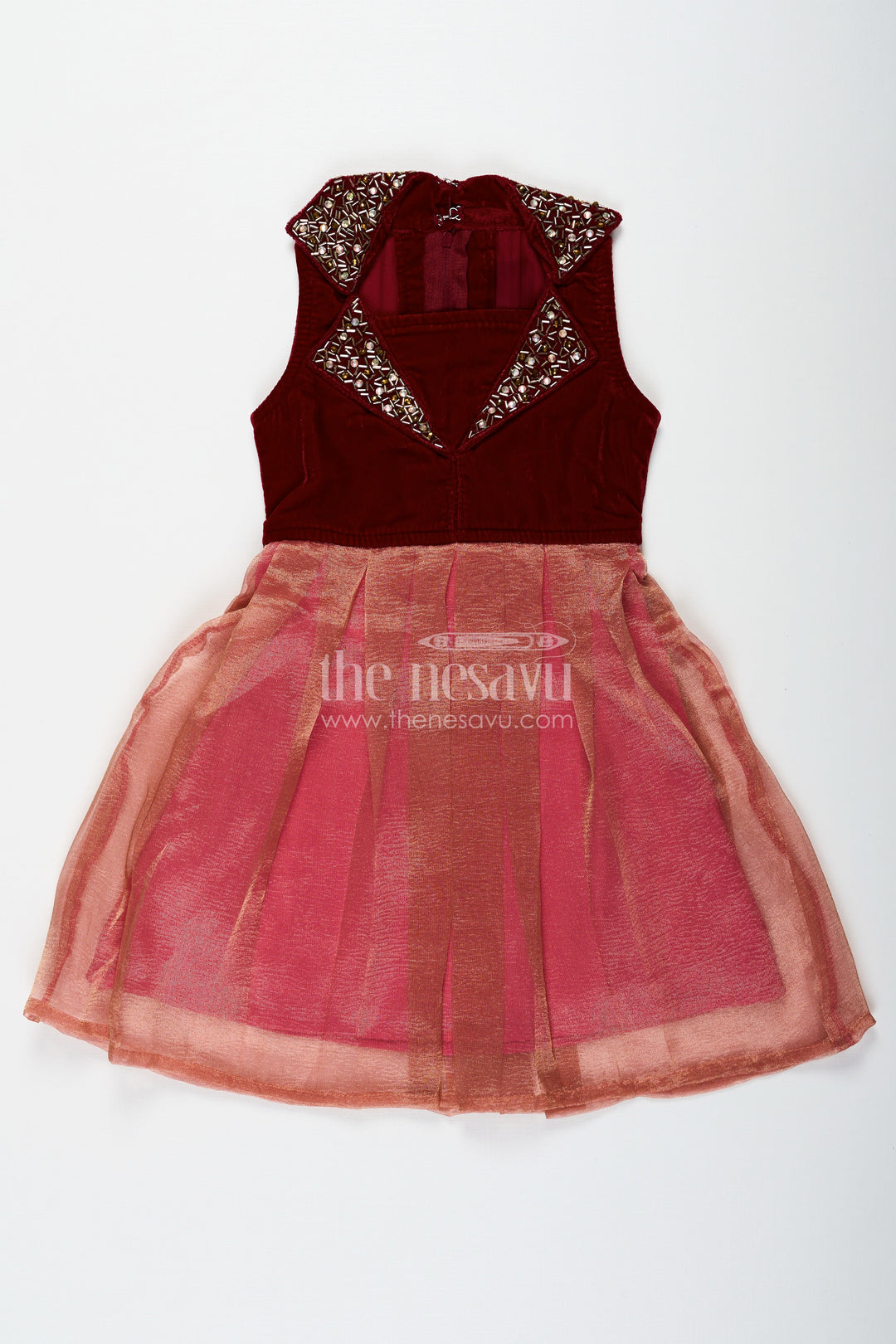 The Nesavu Silk Frock Girls Latest Frocks in Velvet with Kundan Collar and Tissue Flared Skirt for Stylish Party Wear Nesavu Girls Latest Frocks Velvet Kundan Work Collar Pleated Tissue Skirt | The Nesavu