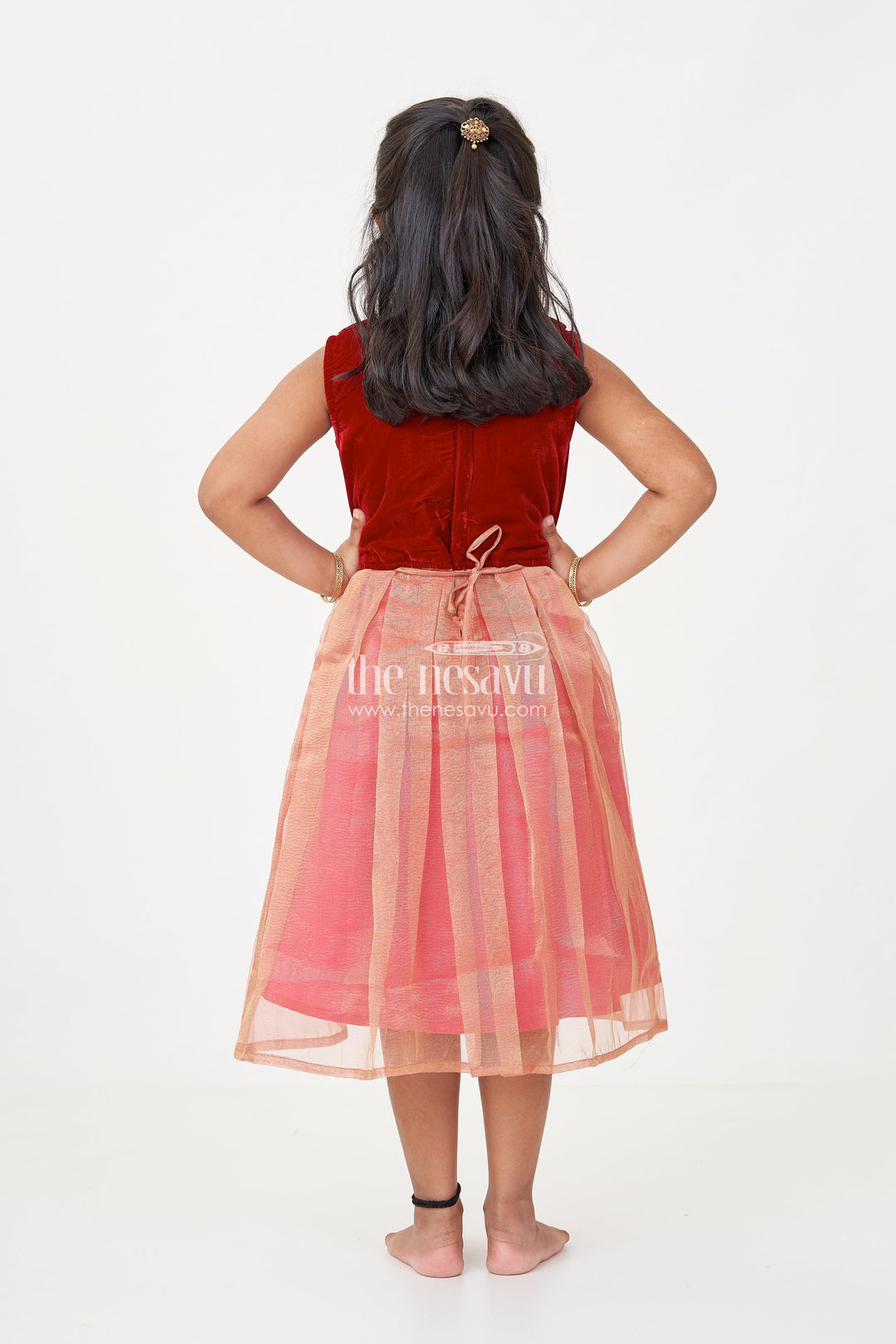 The Nesavu Silk Frock Girls Latest Frocks in Velvet with Kundan Collar and Tissue Flared Skirt for Stylish Party Wear Nesavu Girls Latest Frocks Velvet Kundan Work Collar Pleated Tissue Skirt | The Nesavu