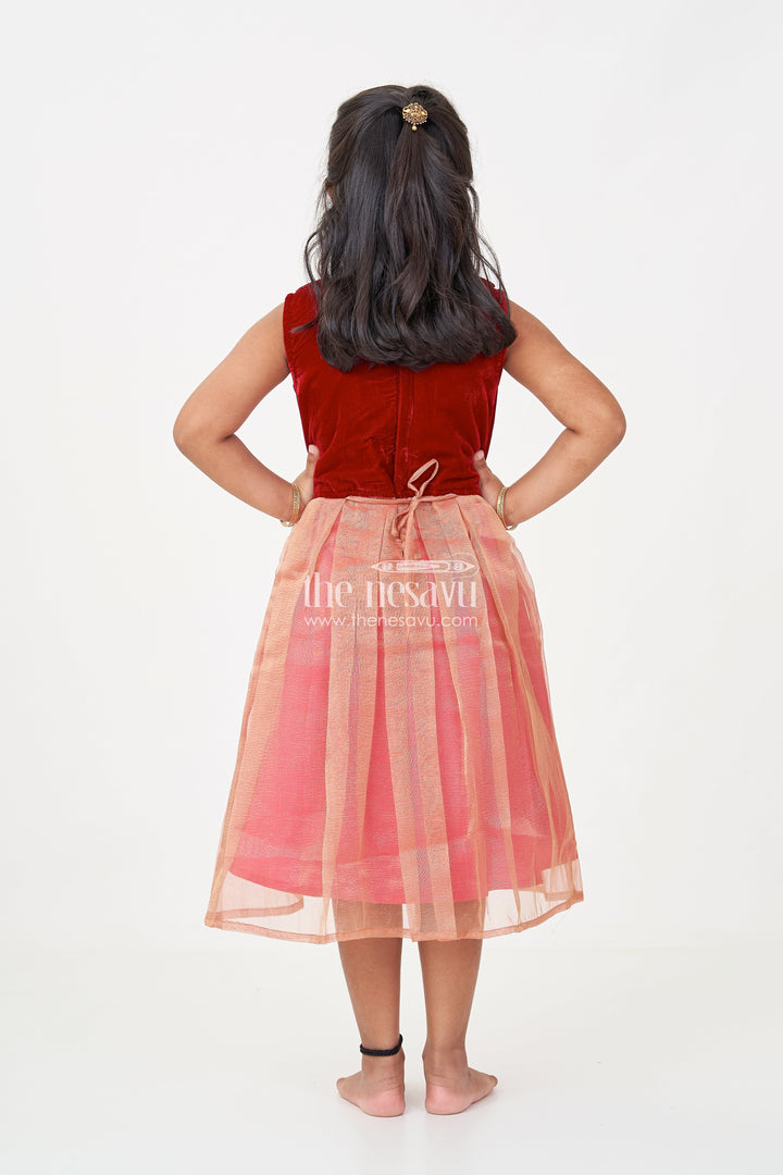 The Nesavu Silk Frock Girls Latest Frocks in Velvet with Kundan Collar and Tissue Flared Skirt for Stylish Party Wear Nesavu Girls Latest Frocks Velvet Kundan Work Collar Pleated Tissue Skirt | The Nesavu