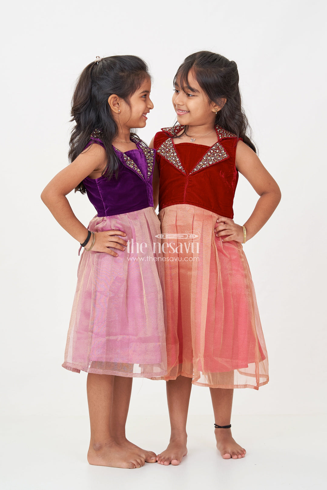 The Nesavu Silk Frock Girls Latest Frocks in Velvet with Kundan Collar and Tissue Flared Skirt for Stylish Party Wear Nesavu Girls Latest Frocks Velvet Kundan Work Collar Pleated Tissue Skirt | The Nesavu
