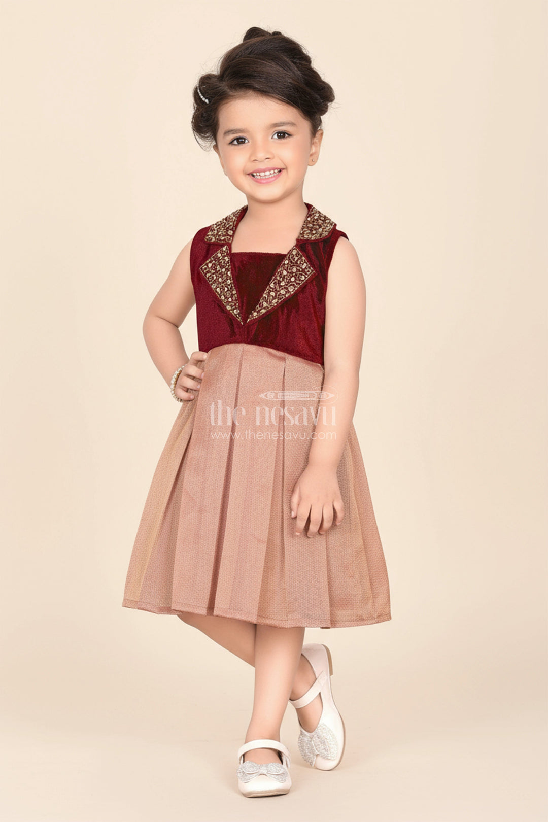The Nesavu Silk Frock Girls Latest Frocks in Velvet with Kundan Collar and Tissue Flared Skirt for Stylish Party Wear Nesavu Girls Latest Frocks Velvet Kundan Work Collar Pleated Tissue Skirt | The Nesavu