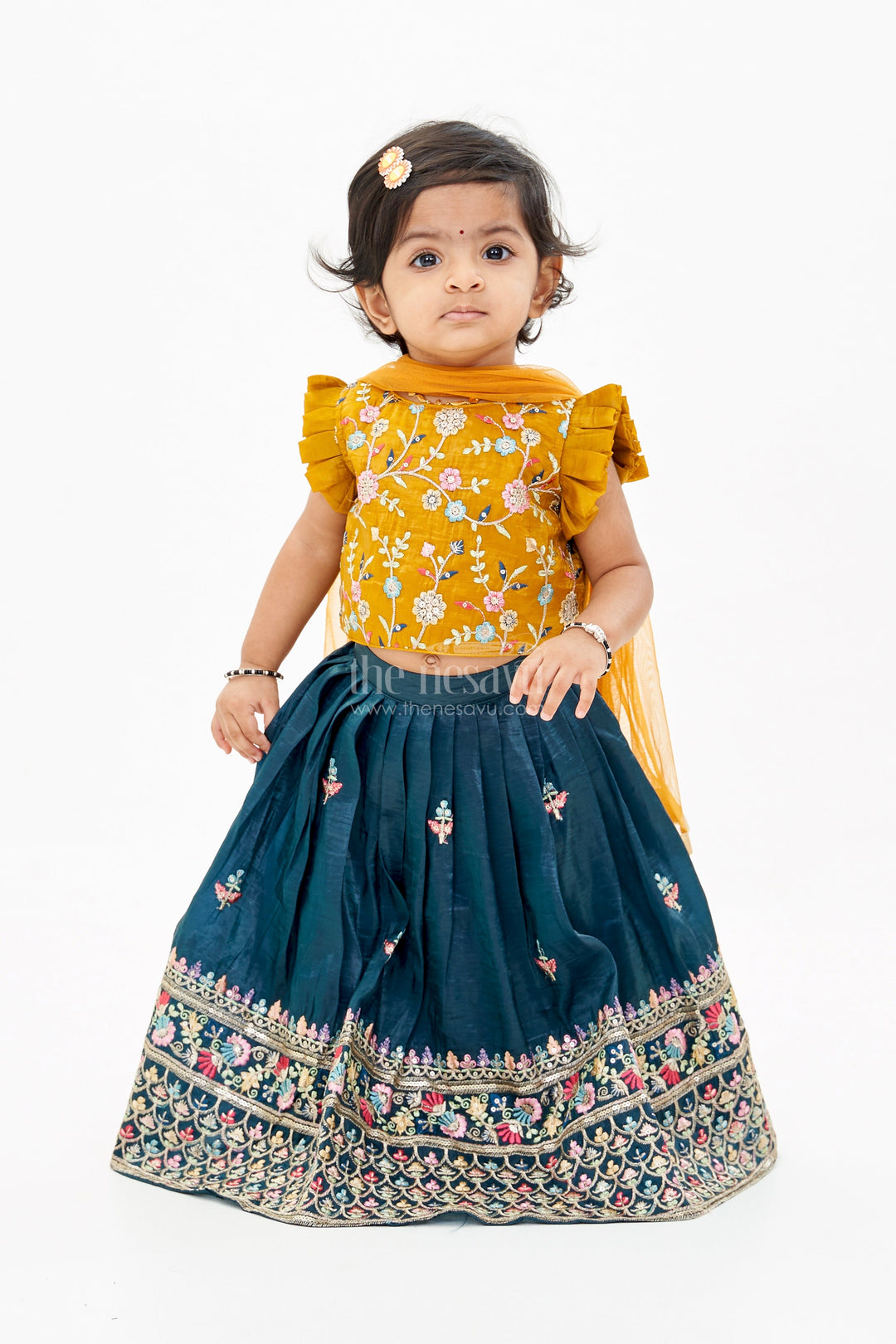 The Nesavu Girls Lehenga Choli Girls Latest Lehengas in Fashion with Mustard Embroidered Blouse and Navy Flared Skirt Nesavu 16 (1Y) / Yellow GL574A-16 Girls Mustard Navy Embroidered Lehenga Set Mirror Work Blouse | The Nesavu