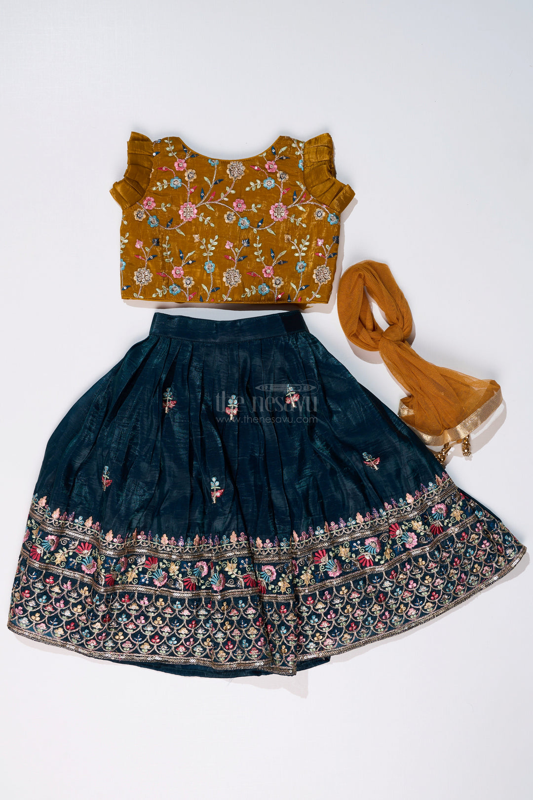 The Nesavu Girls Lehenga Choli Girls Latest Lehengas in Fashion with Mustard Embroidered Blouse and Navy Flared Skirt Nesavu Girls Mustard Navy Embroidered Lehenga Set Mirror Work Blouse | The Nesavu