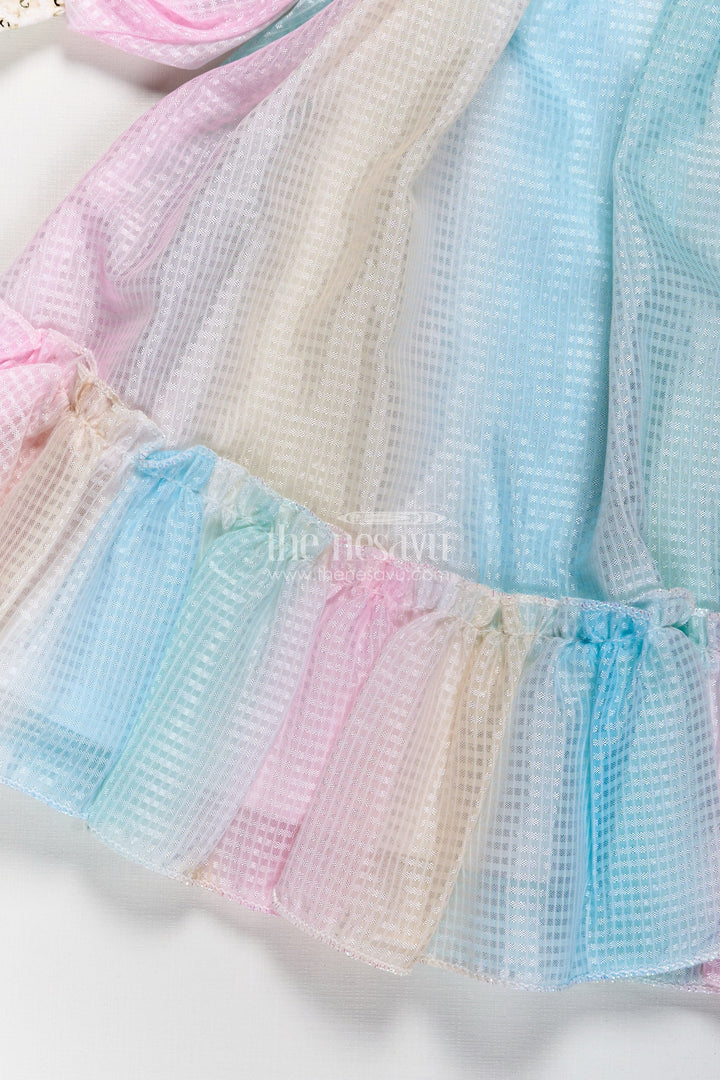 The Nesavu Girls Fancy Frock Girls Latest Organza Long Frocks in Pastel Rainbow Hues with Ruffle Hem and Beaded Collar Nesavu Latest Organza Long Frocks Girls Pastel Rainbow Shades Beaded Collar Ruffles | The Nesavu