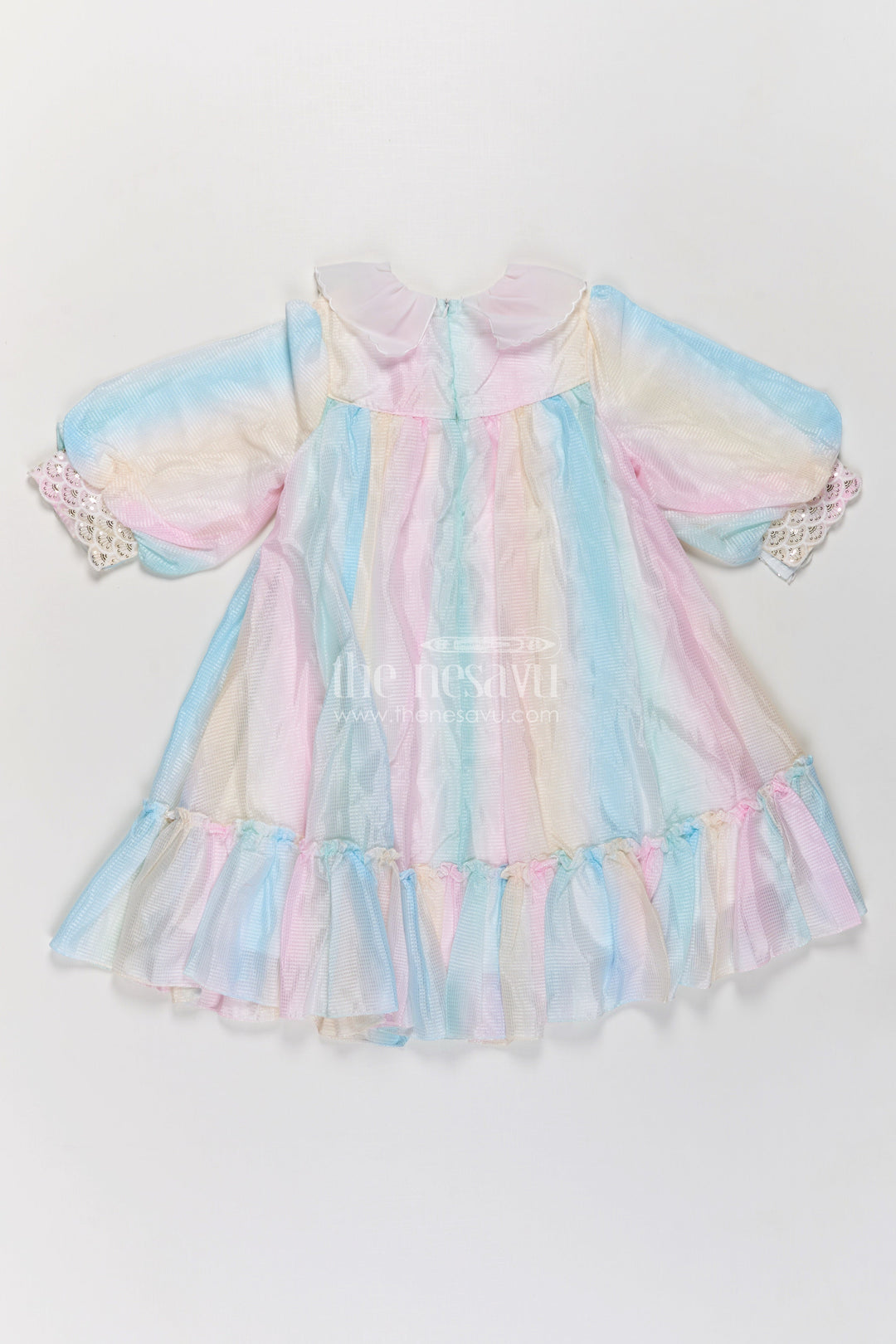 The Nesavu Girls Fancy Frock Girls Latest Organza Long Frocks in Pastel Rainbow Hues with Ruffle Hem and Beaded Collar Nesavu Latest Organza Long Frocks Girls Pastel Rainbow Shades Beaded Collar Ruffles | The Nesavu
