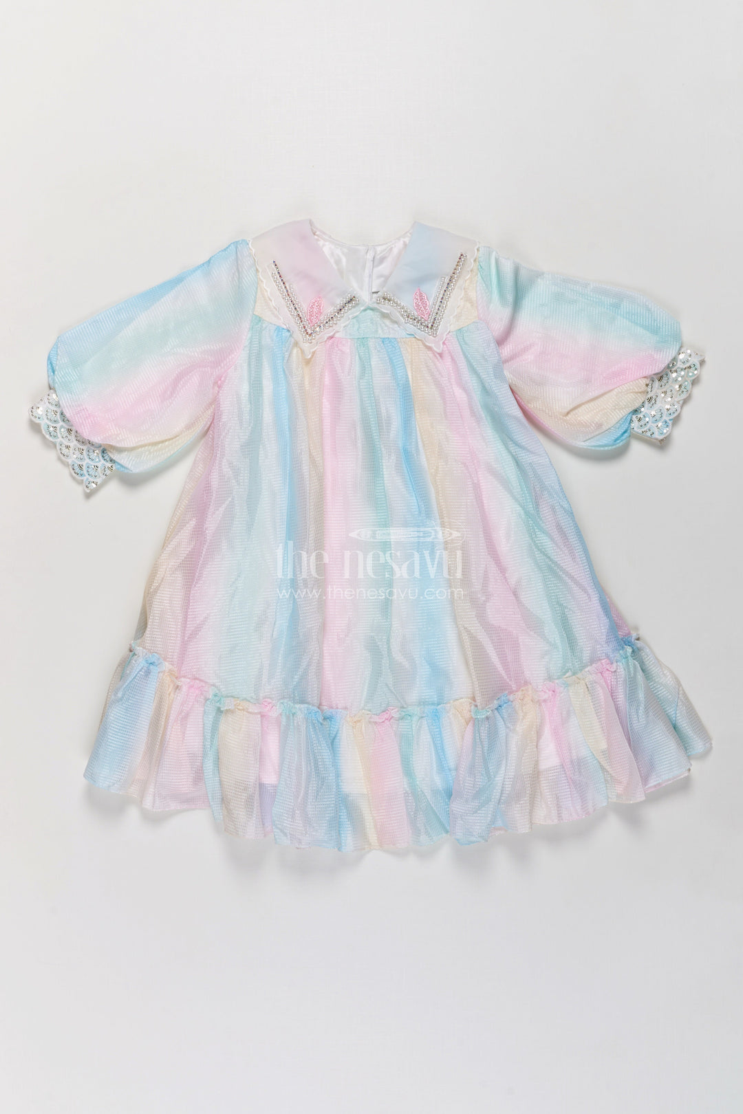 The Nesavu Girls Fancy Frock Girls Latest Organza Long Frocks in Pastel Rainbow Hues with Ruffle Hem and Beaded Collar Nesavu Latest Organza Long Frocks Girls Pastel Rainbow Shades Beaded Collar Ruffles | The Nesavu