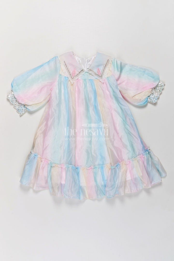 The Nesavu Girls Fancy Frock Girls Latest Organza Long Frocks in Pastel Rainbow Hues with Ruffle Hem and Beaded Collar Nesavu Latest Organza Long Frocks Girls Pastel Rainbow Shades Beaded Collar Ruffles | The Nesavu