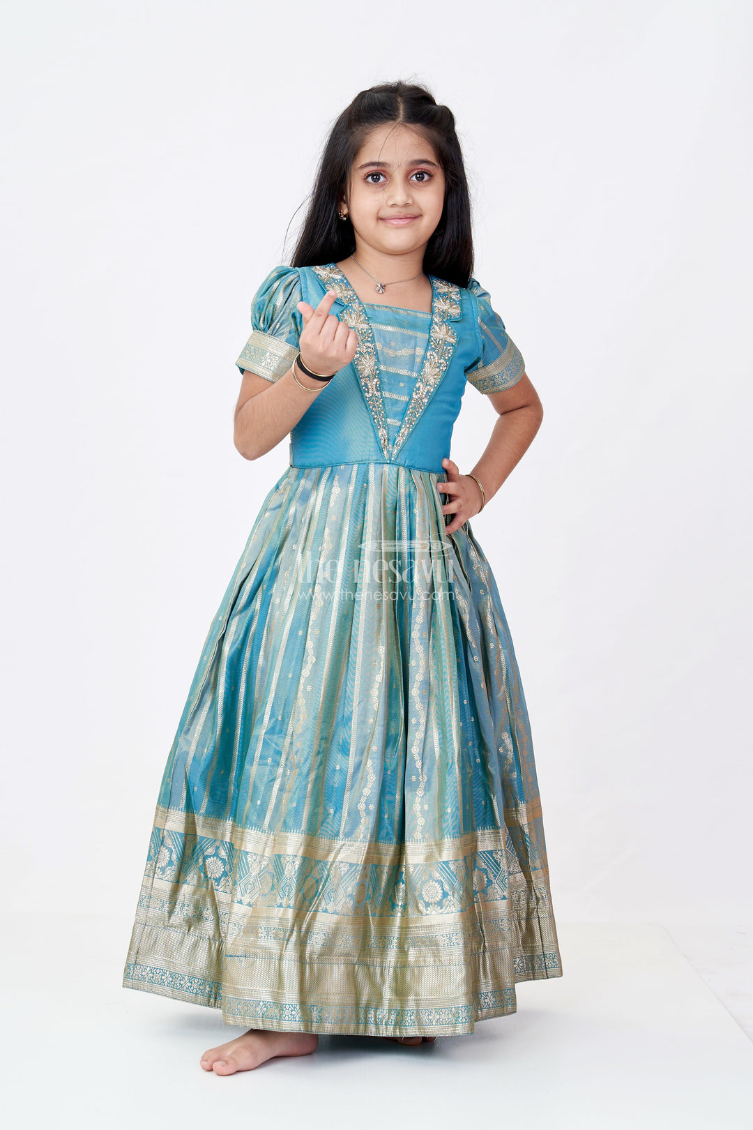 The Nesavu Girls Silk Gown Girls Lavender Anarkali Gown in Banarasi Kora Tissue Silk with Gold Zari Border and Puff Sleeves Nesavu 18 (2Y) / Green GA305A-18 Girls Lavender Anarkali Gown Banarasi Kora Silk Golden Zari Puff Sleeves | The Nesavu
