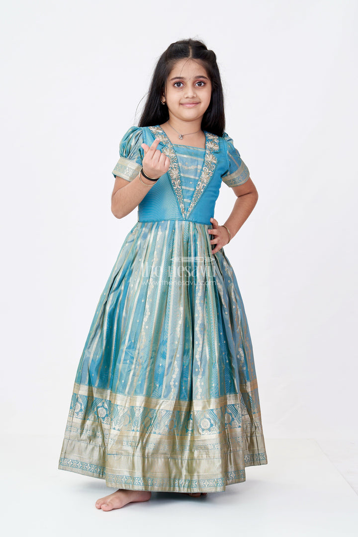 The Nesavu Girls Silk Gown Girls Lavender Anarkali Gown in Banarasi Kora Tissue Silk with Gold Zari Border and Puff Sleeves Nesavu 18 (2Y) / Green GA305A-18 Girls Lavender Anarkali Gown Banarasi Kora Silk Golden Zari Puff Sleeves | The Nesavu