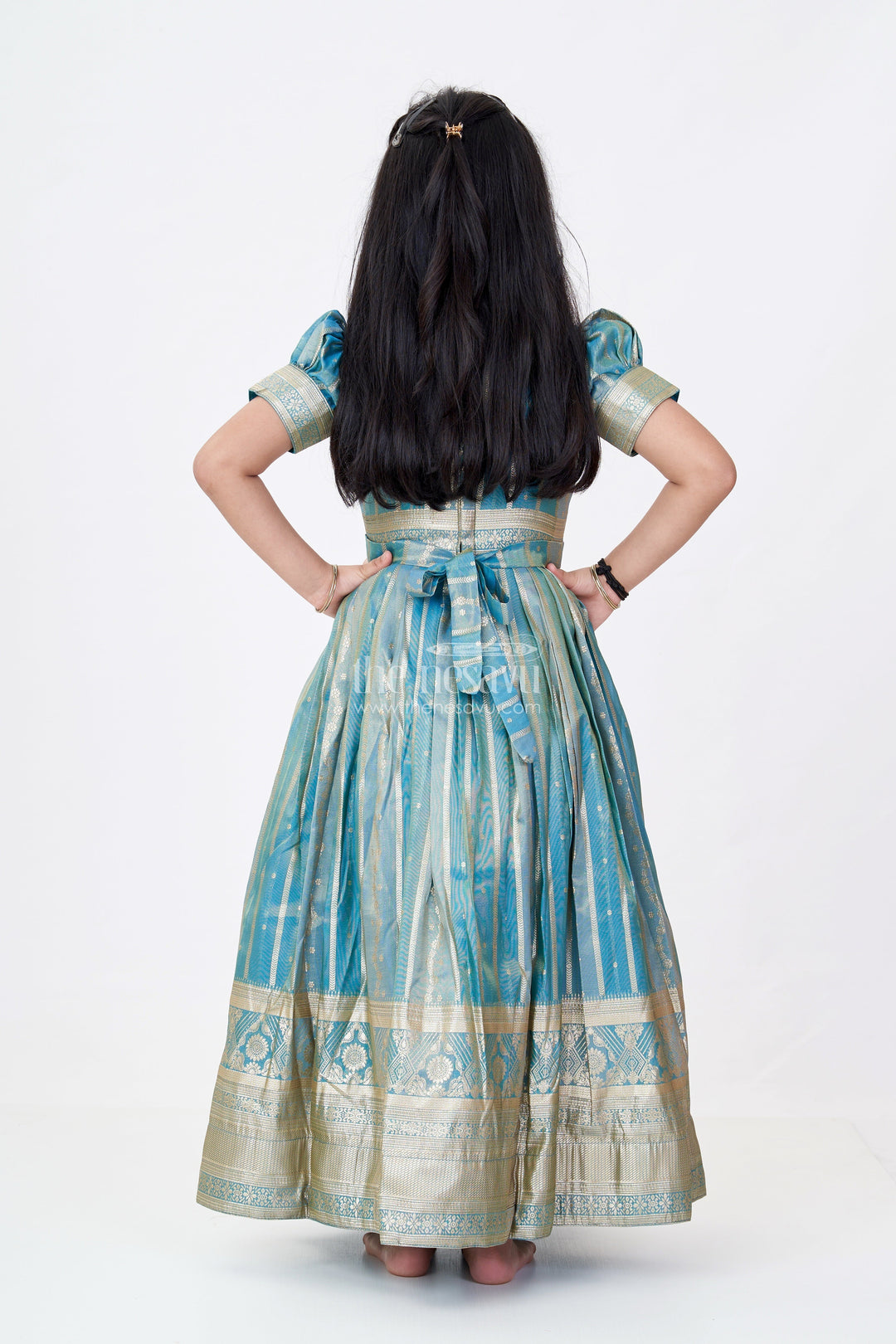 The Nesavu Girls Silk Gown Girls Lavender Anarkali Gown in Banarasi Kora Tissue Silk with Gold Zari Border and Puff Sleeves Nesavu Girls Lavender Anarkali Gown Banarasi Kora Silk Golden Zari Puff Sleeves | The Nesavu