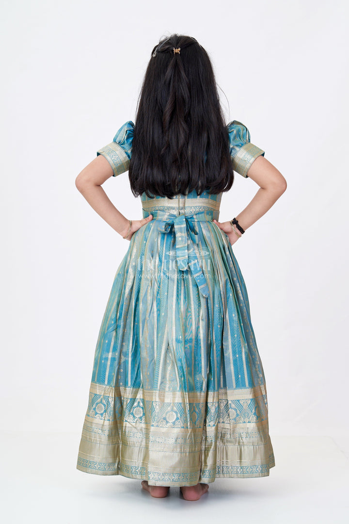The Nesavu Girls Silk Gown Girls Lavender Anarkali Gown in Banarasi Kora Tissue Silk with Gold Zari Border and Puff Sleeves Nesavu Girls Lavender Anarkali Gown Banarasi Kora Silk Golden Zari Puff Sleeves | The Nesavu