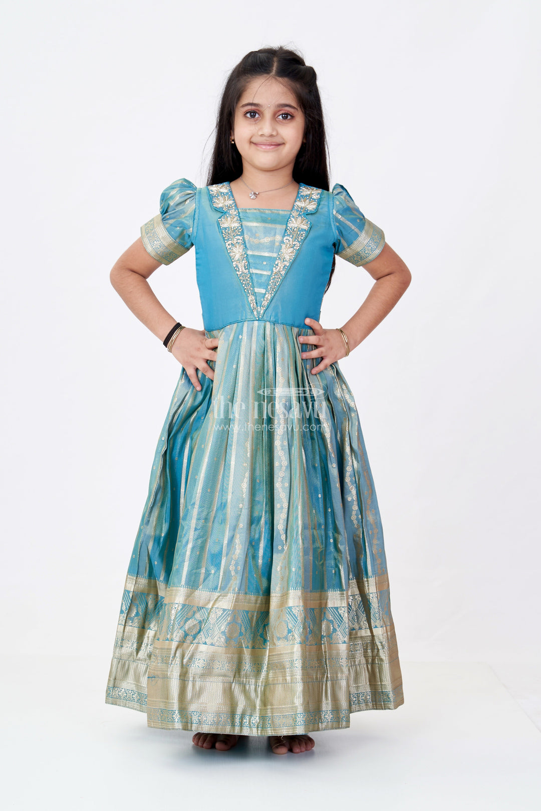 The Nesavu Girls Silk Gown Girls Lavender Anarkali Gown in Banarasi Kora Tissue Silk with Gold Zari Border and Puff Sleeves Nesavu Girls Lavender Anarkali Gown Banarasi Kora Silk Golden Zari Puff Sleeves | The Nesavu