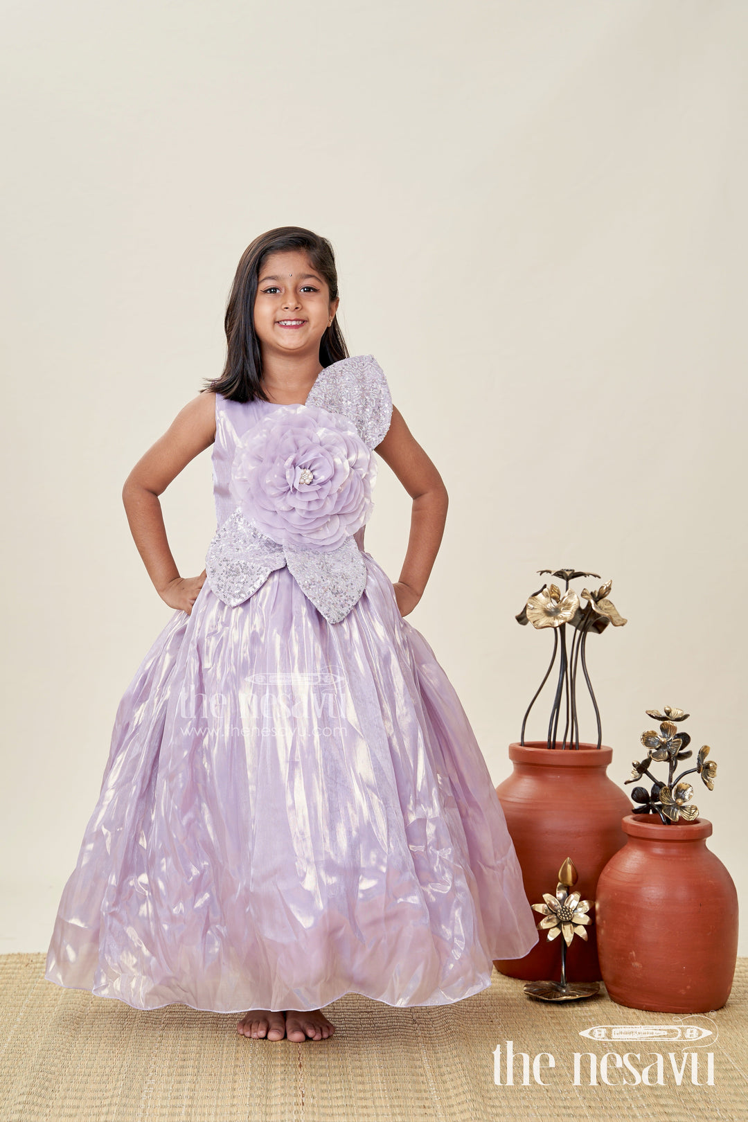 The Nesavu Girls Fancy Party Frock Girls Lavender Organza Latest Design Long Frock with Sequin Leaves and 3D Floral Appliqué Nesavu 22 (4Y) / Purple PF225B-22 Nesavu Girls Lavender Organza Long Party Frock Floral Sequin Design latest design long frock