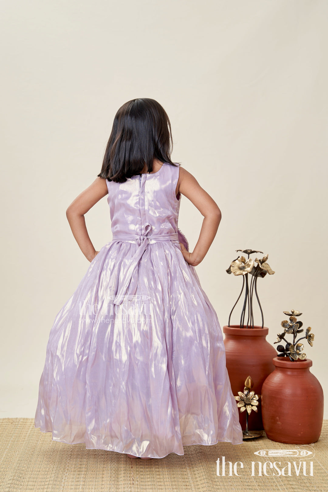 The Nesavu Girls Fancy Party Frock Girls Lavender Organza Latest Design Long Frock with Sequin Leaves and 3D Floral Appliqué Nesavu Nesavu Girls Lavender Organza Long Party Frock Floral Sequin Design latest design long frock
