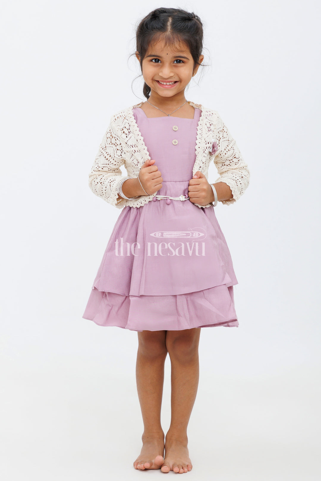 The Nesavu Girls Fancy Frock Girls Lavender Party Dress with Crochet Bolero and Double-Tiered Skirt Nesavu 16 (1Y) / Lavender GFC1412B-16 Nesavu Girls Lavender Party Dress Crochet Bolero Tiered Skirt Special Occasions