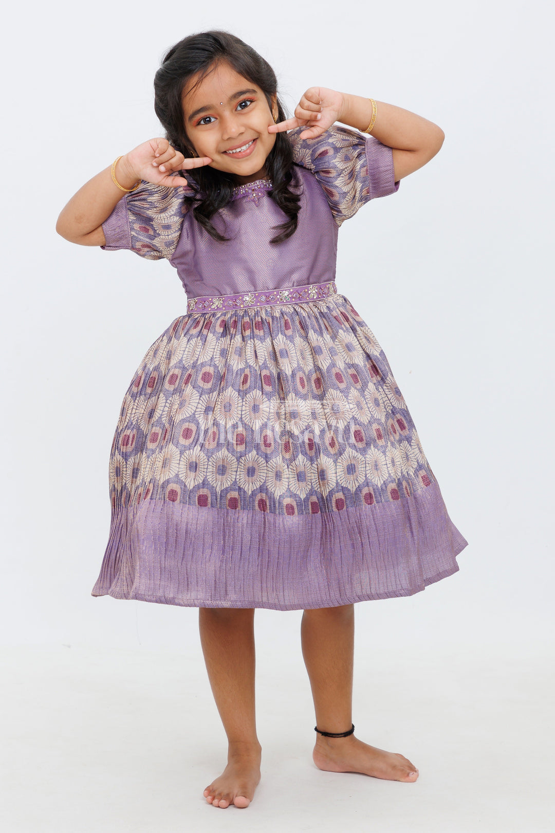 The Nesavu Silk Frock Girls Lavender Silk Frock with Puff Sleeves and Regal Peacock Feather Pattern Nesavu 16 (1Y) / Lavender SF923A-16 Nesavu Girls Lavender Silk Frock Peacock Feather Pattern Puff Sleeves Special Occasions