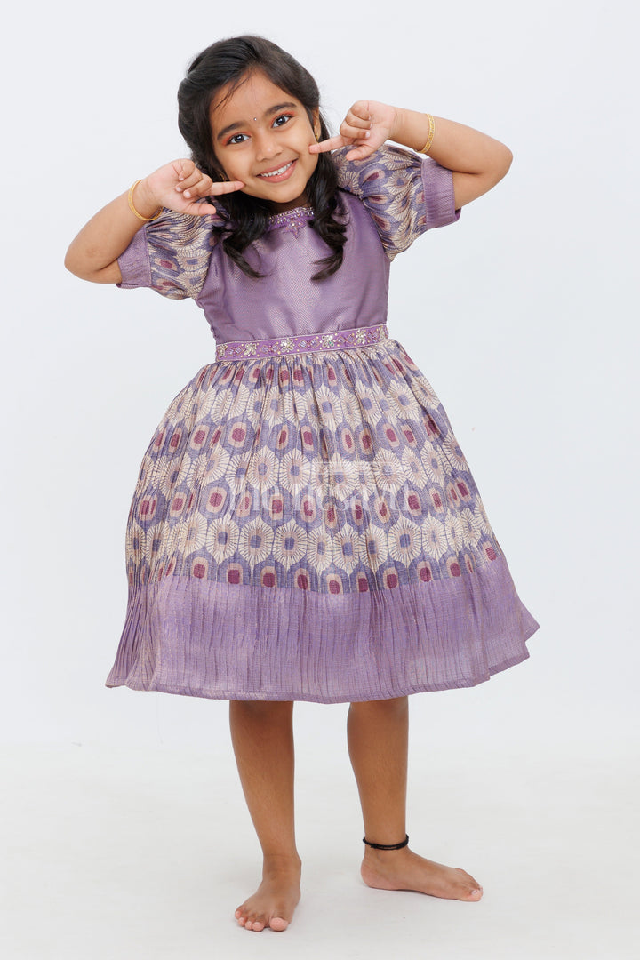 The Nesavu Silk Frock Girls Lavender Silk Frock with Puff Sleeves and Regal Peacock Feather Pattern Nesavu 16 (1Y) / Lavender SF923A-16 Nesavu Girls Lavender Silk Frock Peacock Feather Pattern Puff Sleeves Special Occasions