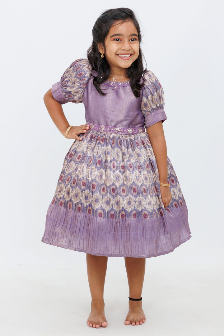 The Nesavu Silk Frock Girls Lavender Silk Frock with Puff Sleeves and Regal Peacock Feather Pattern Nesavu Nesavu Girls Lavender Silk Frock Peacock Feather Pattern Puff Sleeves Special Occasions