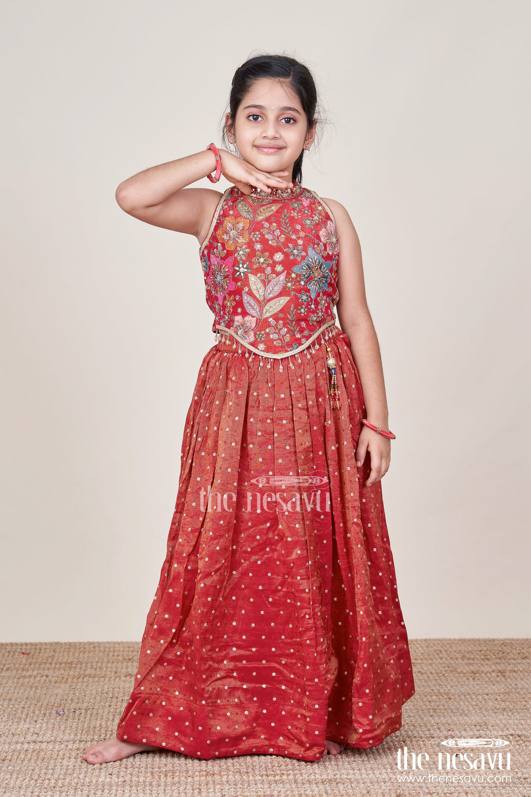 The Nesavu Girls Lehenga Choli Girls Lehenga Choli for Birthday Parties and Ethnic Celebrations Nesavu 16 (1Y) / Maroon GL834A-16 Nesavu girls lehenga choli kora silk floral embroidery perfect birthdays festive occasions