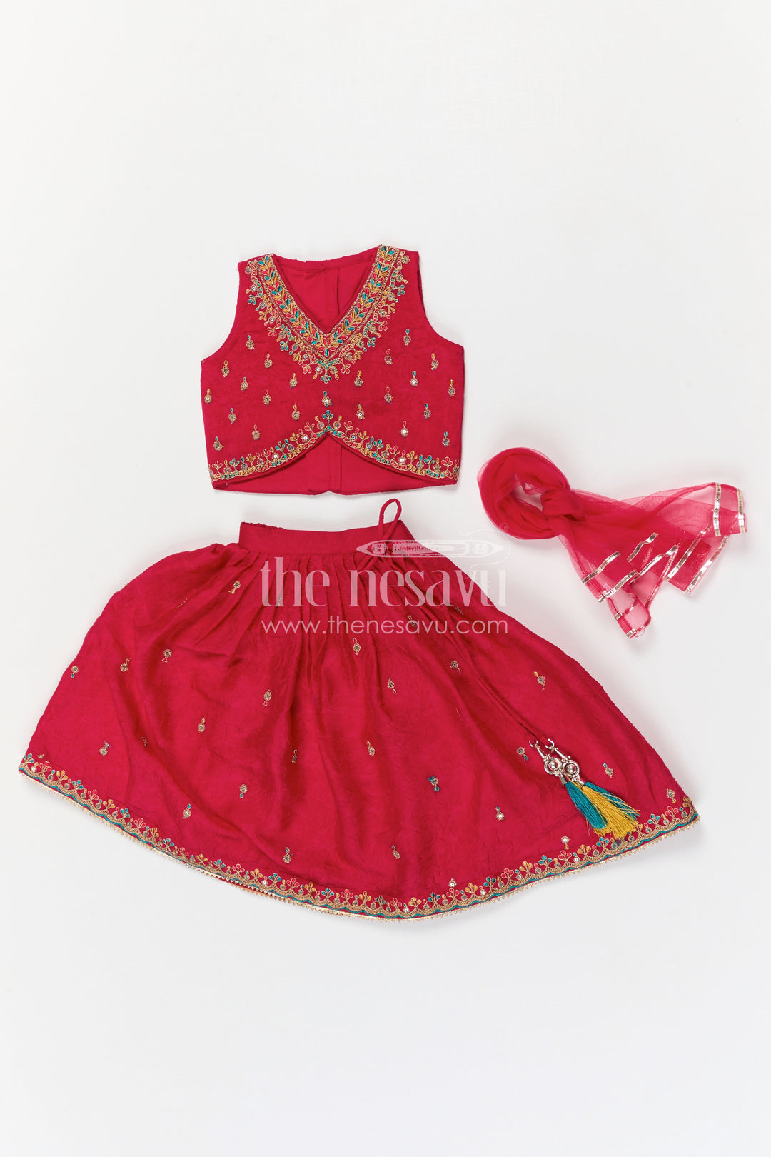 The Nesavu Girls Lehenga Choli Girls Lehenga Choli for Festive Celebrations and Birthday Parties Nesavu Nesavu Girls Textured Viscose Silk Lehenga Choli With Embroidered Yoke For Festive Celebrations