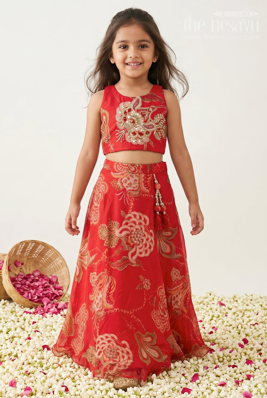 The Nesavu Girls Lehenga Choli Girls Lehenga Choli for Festive Functions and Wedding Events Nesavu 24 (5Y) / Red / Georgette GL772A-24 Nesavu Girls Lehenga Choli For Festive Functions And Wedding Events With Digital Print And Flared Design