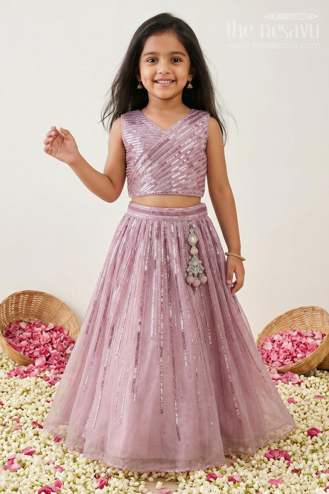 The Nesavu Girls Lehenga Choli Girls Lehenga Choli for Temple Visits and Festive Celebrations Nesavu 24 (5Y) / Purple / Organza GL923A-24 Nesavu Girls Lehenga Choli For Weddings And Festive Celebrations With Designer Embroidery And Organza Flare