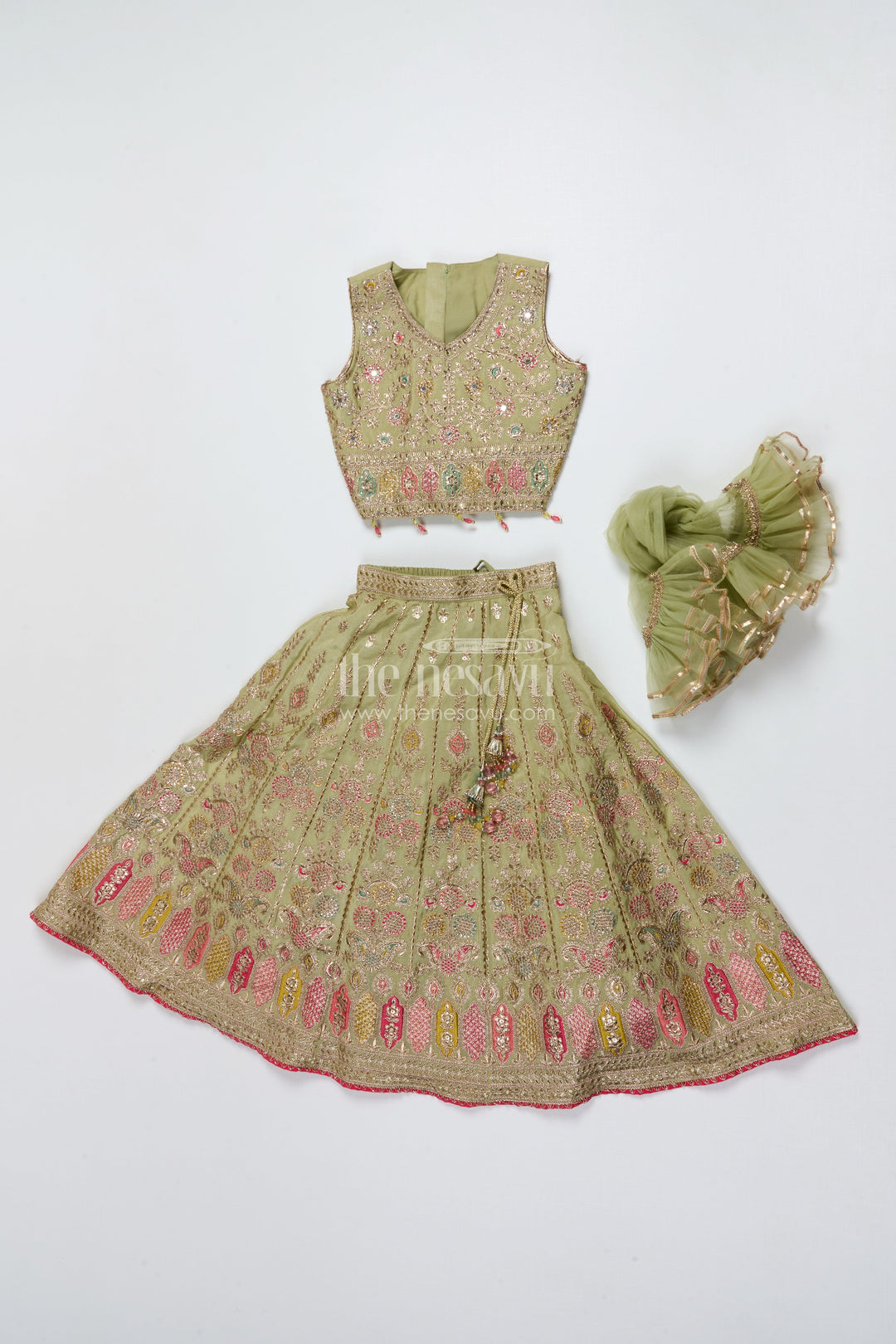 The Nesavu Girls Lehenga Choli Girls Lehenga Choli for Wedding and Festive Celebrations Nesavu Nesavu girls lehenga choli green silk designer embroidery weddings Diwali