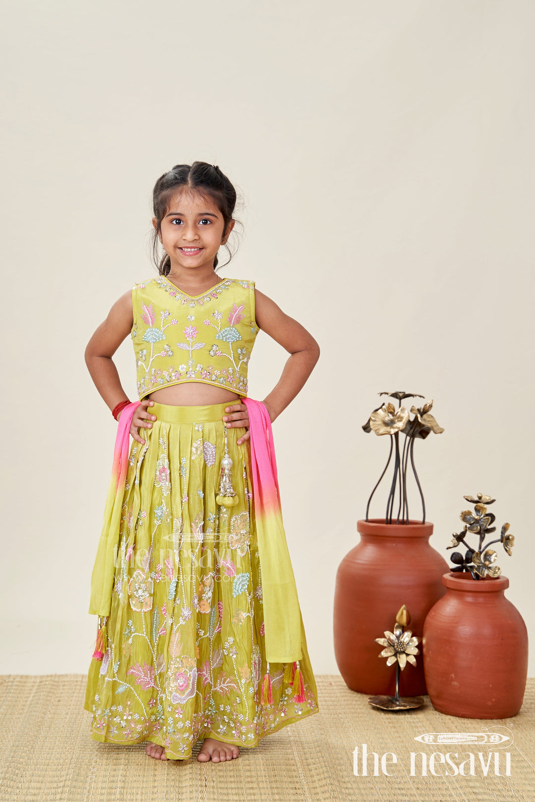 The Nesavu Girls Lehenga Choli Girls Lehenga Choli for Wedding Wear Embroidered Georgette Festive Outfit for Kids Nesavu 18 (2Y) / Yellow GL564D-18 Nesavu Girls Green Embroidered Lehenga Choli Festive Outfit Temple Visits Weddings
