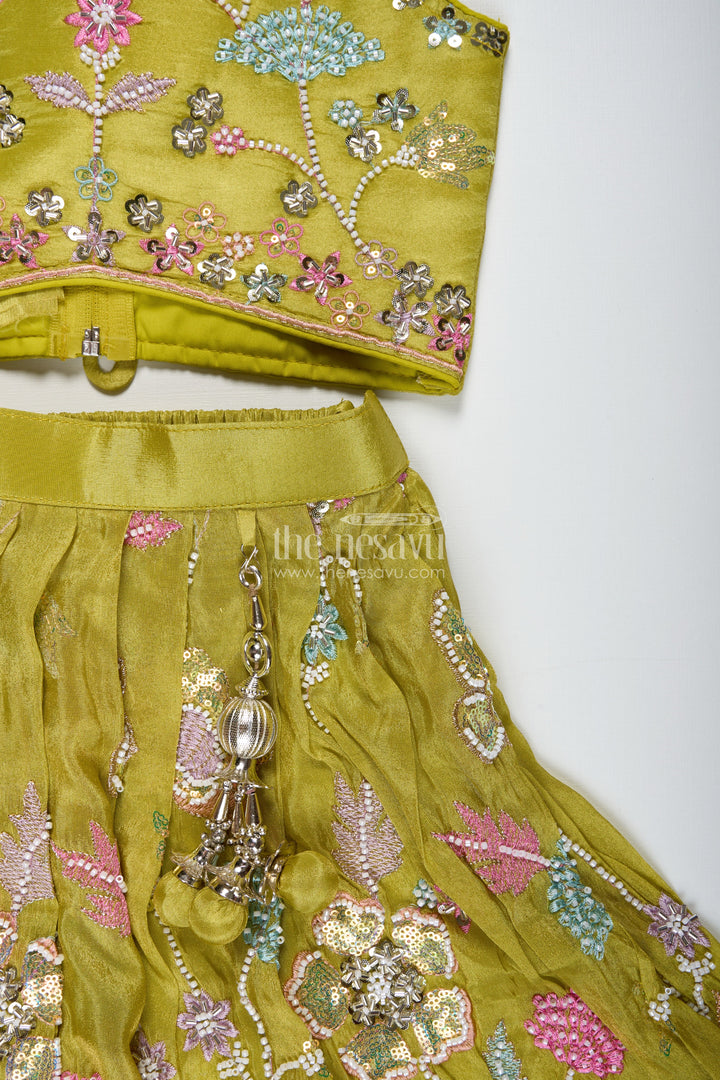 The Nesavu Girls Lehenga Choli Girls Lehenga Choli for Wedding Wear Embroidered Georgette Festive Outfit for Kids Nesavu Nesavu Girls Green Embroidered Lehenga Choli Festive Outfit Temple Visits Weddings