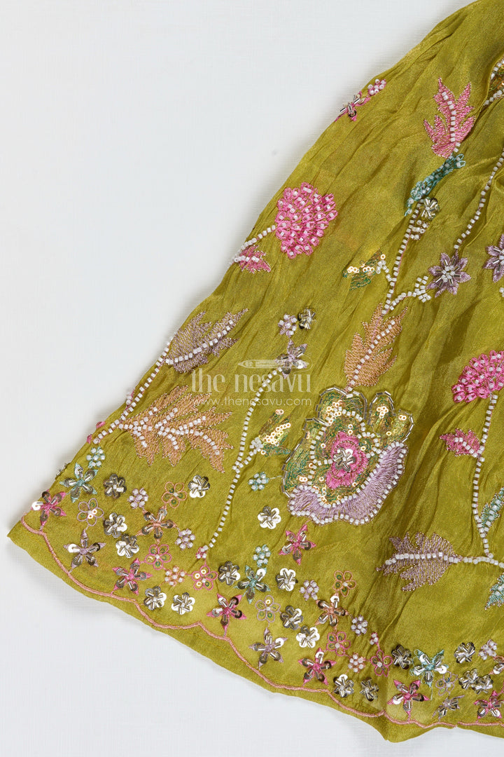 The Nesavu Girls Lehenga Choli Girls Lehenga Choli for Wedding Wear Embroidered Georgette Festive Outfit for Kids Nesavu Nesavu Girls Green Embroidered Lehenga Choli Festive Outfit Temple Visits Weddings