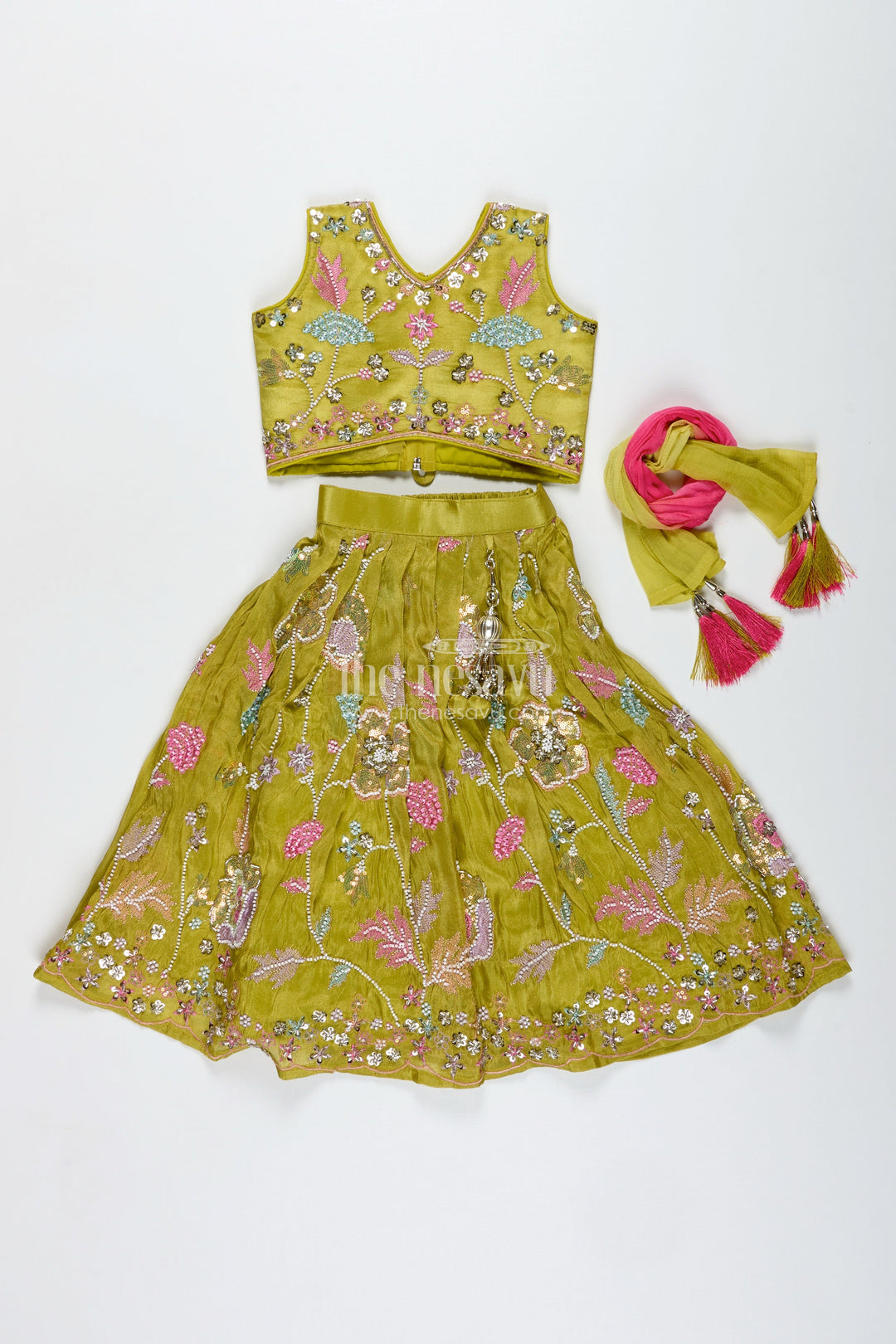 The Nesavu Girls Lehenga Choli Girls Lehenga Choli for Wedding Wear Embroidered Georgette Festive Outfit for Kids Nesavu Nesavu Girls Green Embroidered Lehenga Choli Festive Outfit Temple Visits Weddings