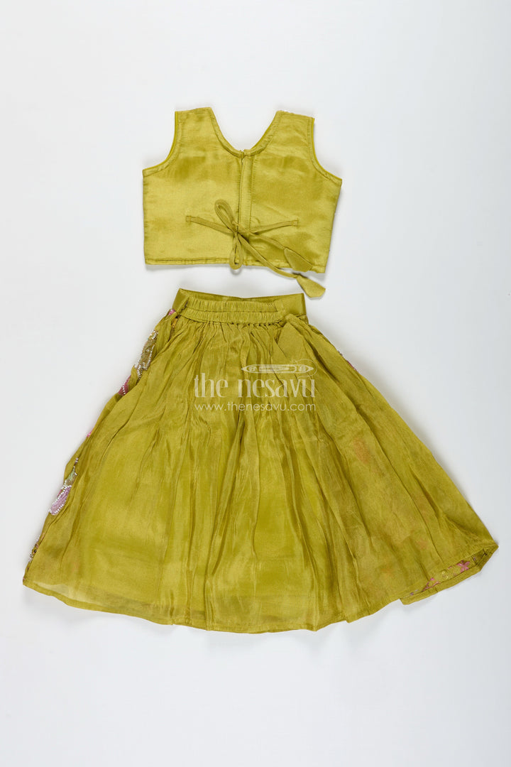 The Nesavu Girls Lehenga Choli Girls Lehenga Choli for Wedding Wear Embroidered Georgette Festive Outfit for Kids Nesavu Nesavu Girls Green Embroidered Lehenga Choli Festive Outfit Temple Visits Weddings