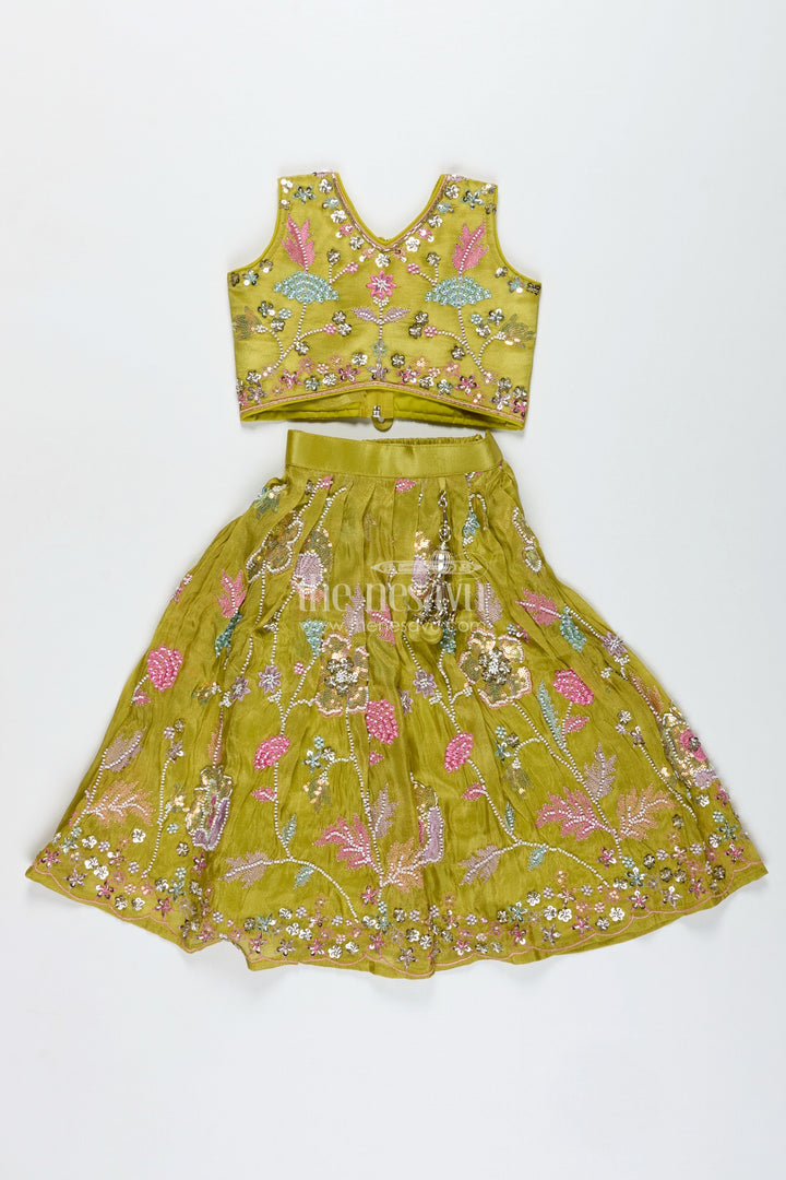 The Nesavu Girls Lehenga Choli Girls Lehenga Choli for Wedding Wear Embroidered Georgette Festive Outfit for Kids Nesavu Nesavu Girls Green Embroidered Lehenga Choli Festive Outfit Temple Visits Weddings