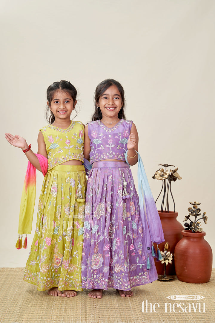 The Nesavu Girls Lehenga Choli Girls Lehenga Choli for Wedding Wear Embroidered Georgette Festive Outfit for Kids Nesavu Nesavu Girls Green Embroidered Lehenga Choli Festive Outfit Temple Visits Weddings