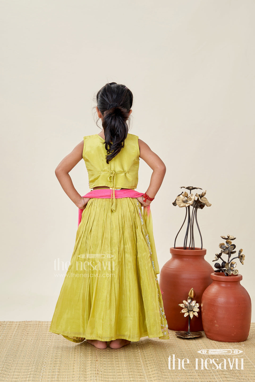 The Nesavu Girls Lehenga Choli Girls Lehenga Choli for Wedding Wear Embroidered Georgette Festive Outfit for Kids Nesavu Nesavu Girls Green Embroidered Lehenga Choli Festive Outfit Temple Visits Weddings